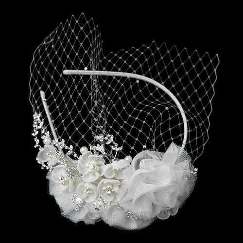 Elegant Crystal Pearl Floral Birdcage Blusher Veil - La Bella Bridal Accessories