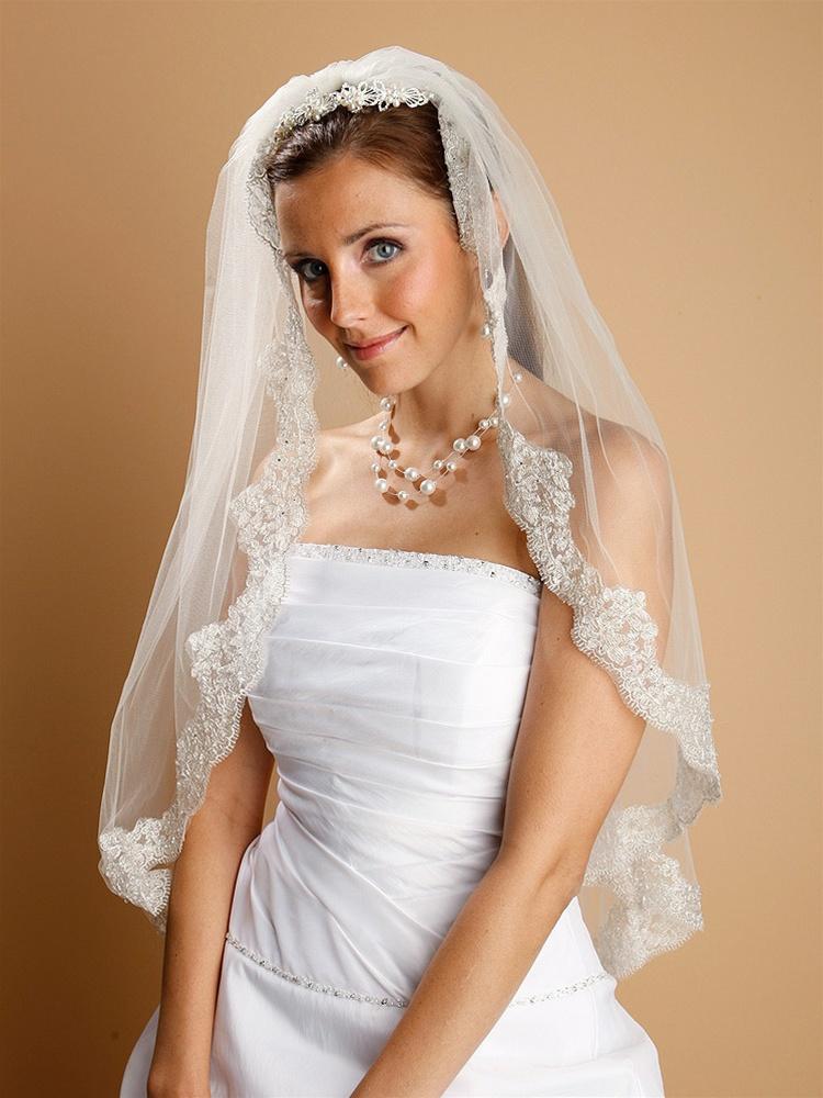 Lace Wedding Veil, Pearls Beads - La Bella Bridal Accessories