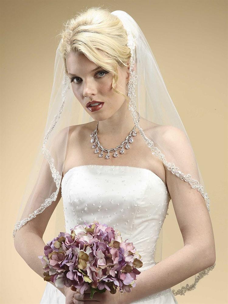 Floral Lace and Crystal Trimmed Elbow Length Veil