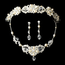 silver-plated-swarovski-crystal-freshwater-pearl-bridal-jewelry-set, bridal headpiece, tiara, silver necklace set