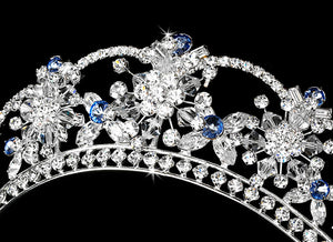 Sparkling Swarovski Crystal Silver Tiara with Blue Accents - La Bella Bridal Accessories