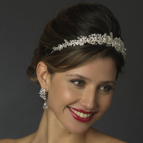 Vintage Inspired Silver Freshwater Pearl & Crystal Floral Headband - La Bella Bridal Accessories