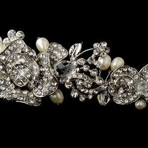 Vintage Inspired Crystal & Freshwater Pearl Rose Bridal Tiara Headpiece - La Bella Bridal Accessories