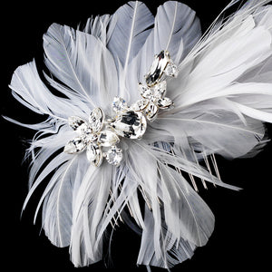 Whimsical Crystal White Feather Spray Bridal Hair Comb