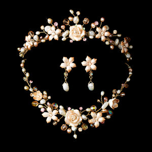 Blush Color Porcelain Pearl Floral Wedding Tiara - La Bella Bridal Accessories