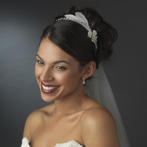 Crystal Headband with Feather & Crystal Bow Side Accent - La Bella Bridal Accessories