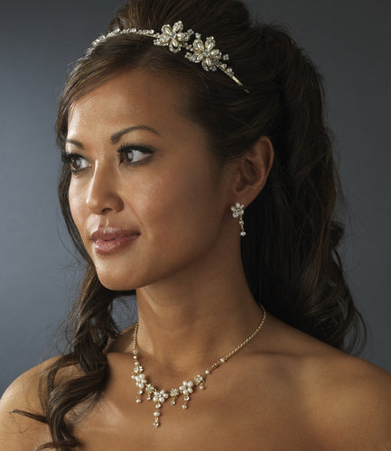 Golden Crystal  Pearl Wedding Headband with Side Accents - La Bella Bridal Accessories