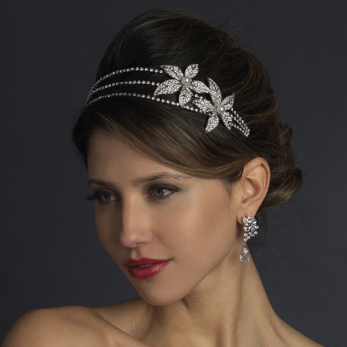 Antique Silver Plated Pearl & Crystal Starflower Side Accented Headband - La Bella Bridal Accessories