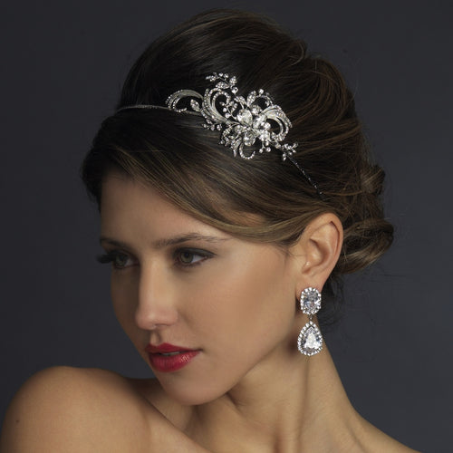 Antique Silver Side Accented Crystal Bridal Flower Headpiece - La Bella Bridal Accessories