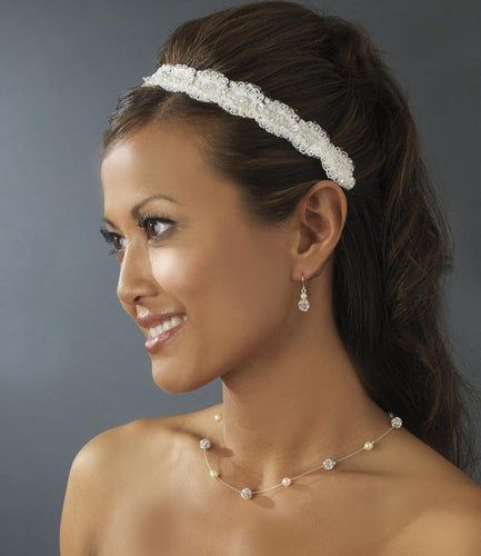 Elegant Vintage Lace, Cearl & Crystal Headband - La Bella Bridal Accessories