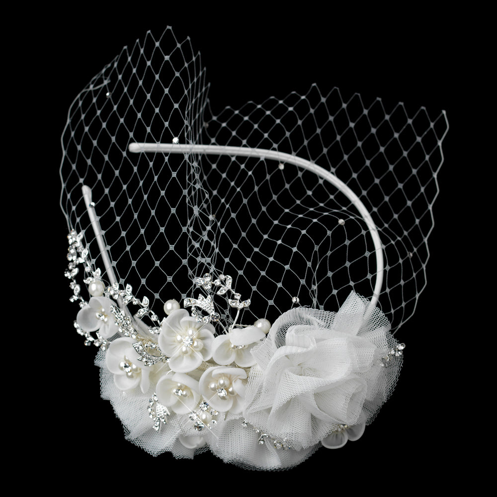 Darling Pearl & Crystal Floral French Net Bridal Headband