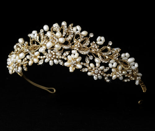 Gold or Silver Pearl Crystal Wedding Tiara - La Bella Bridal Accessories