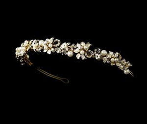 Gold Flower Leaf Pearl Crystal Bridal Headband - La Bella Bridal Accessories