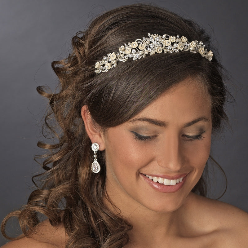 Floral Crystal Pearl Bridal Headband - La Bella Bridal Accessories