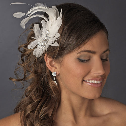 Whimsical Crystal White Feather Spray Bridal Hair Comb
