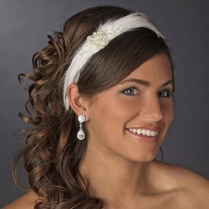 Feather, Crystal and Creamy Pearl Cluster Bridal Headband